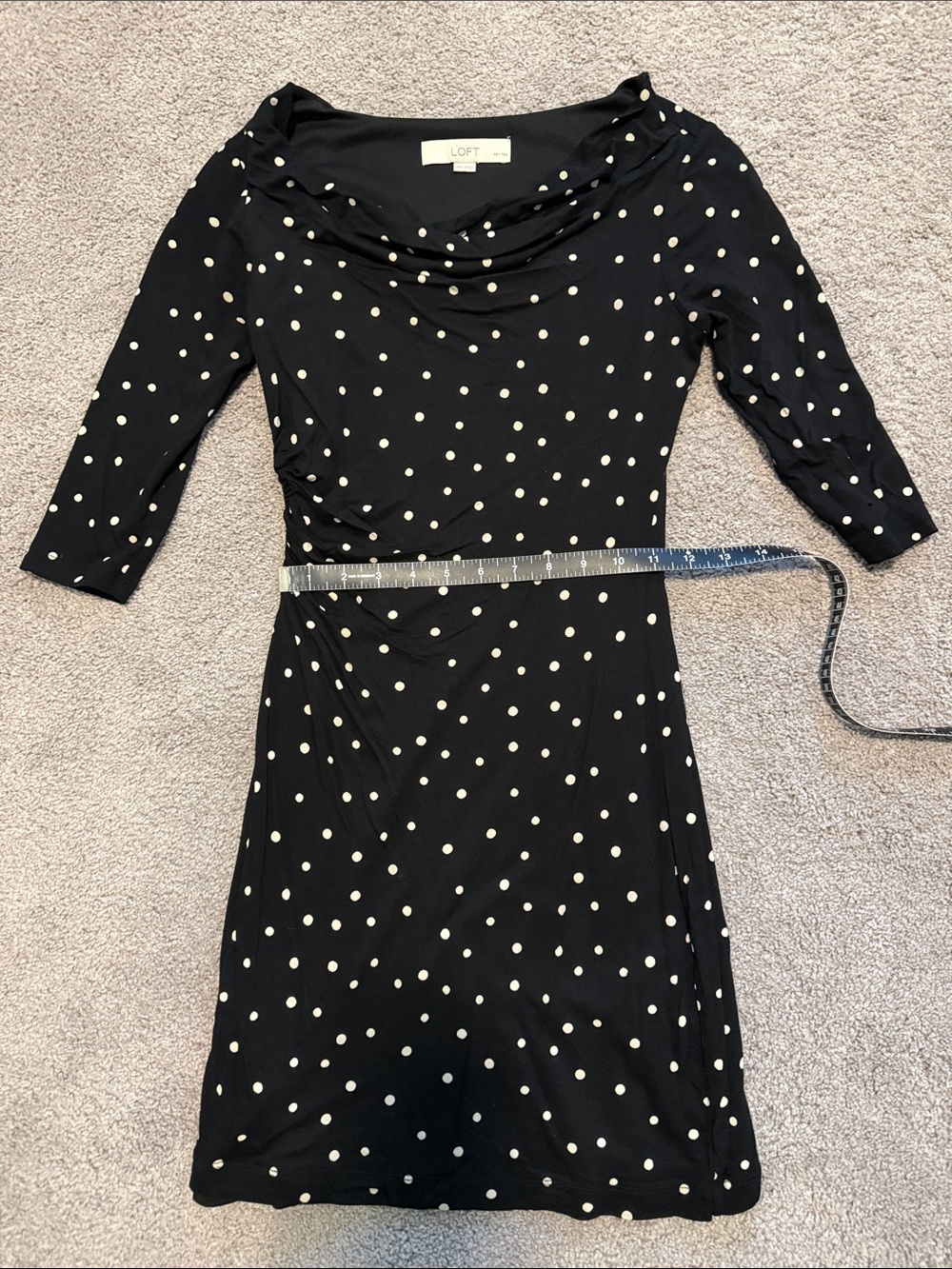 LOFT Black Dress with White Polka Dots and Cowl Neck